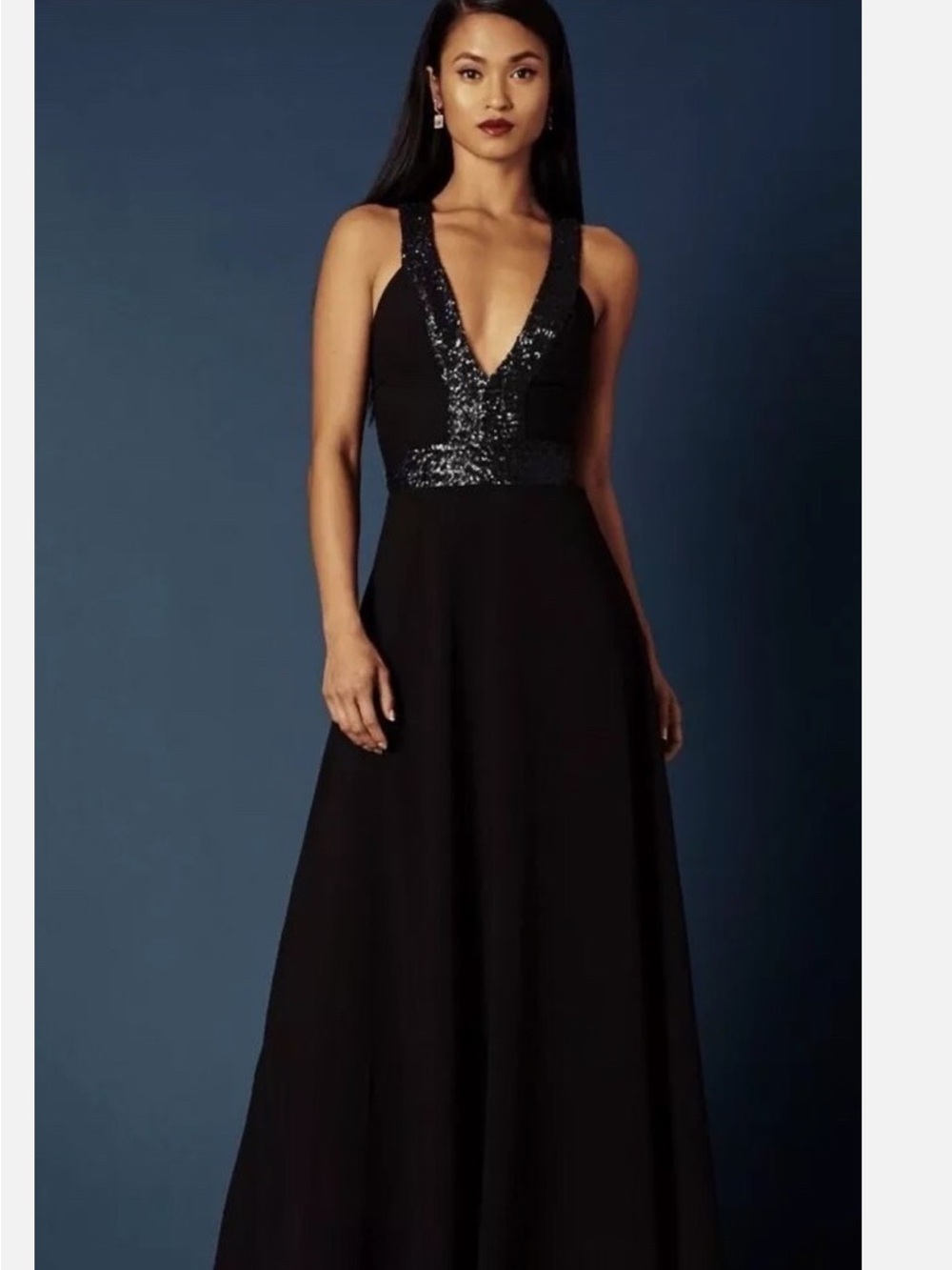 Dress the Population Black Deep V-Neck Sequin Trim Evening Gown